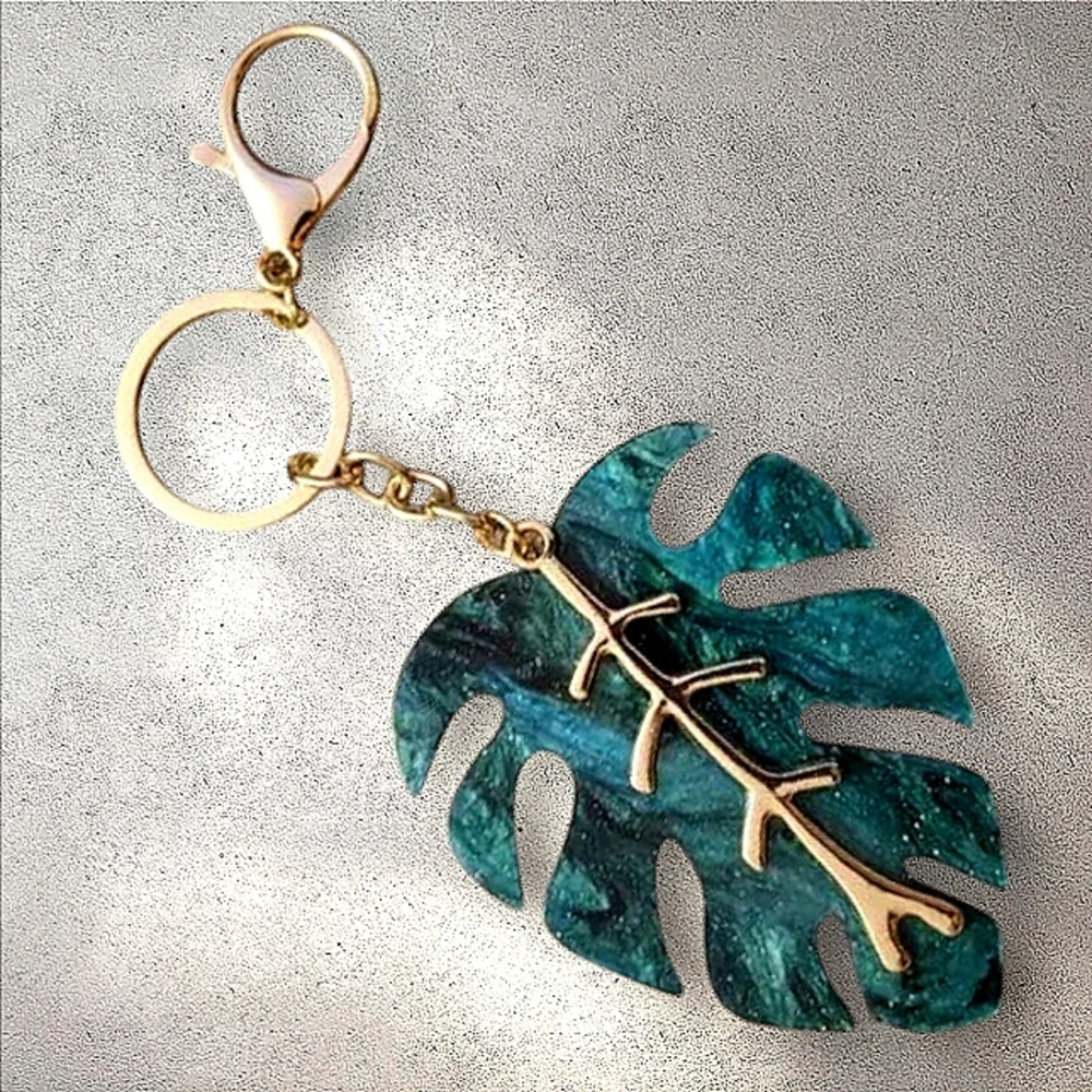 Monstera Keychain with Gold Accents